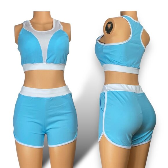 Women Short Sleeve Crop Top & Shorts - Tops with Removable Pads | Light blue - Picture 1 of 5